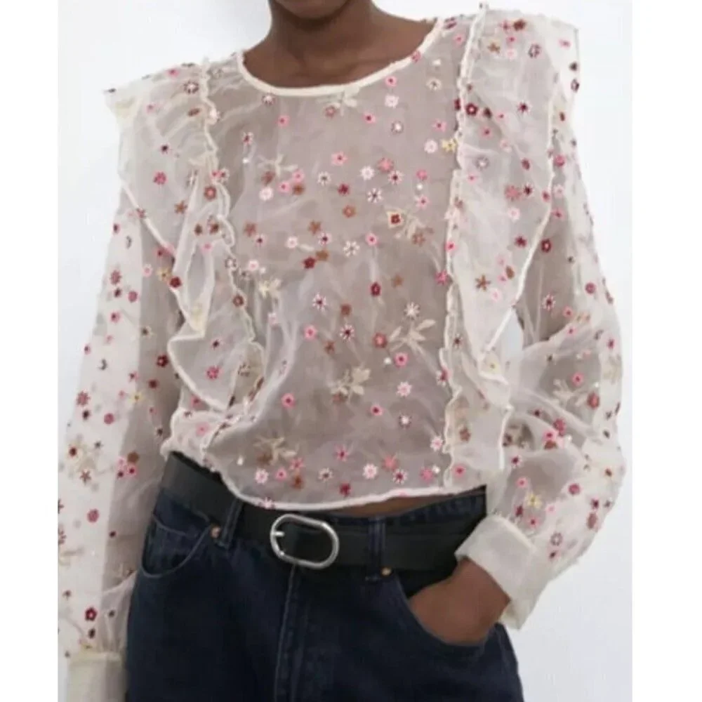 Zara organza sheer long sleeved floral cropped blouse women’s size small - Picture 1 of 9